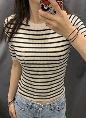 小蓉女装精纺美利奴罗纹圆领条纹针织衫5分袖套头毛衣上衣C472272