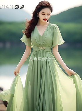 夏天连衣裙女绿色雪纺裙短袖到脚踝长裙漂亮好看度假裙海边沙滩裙