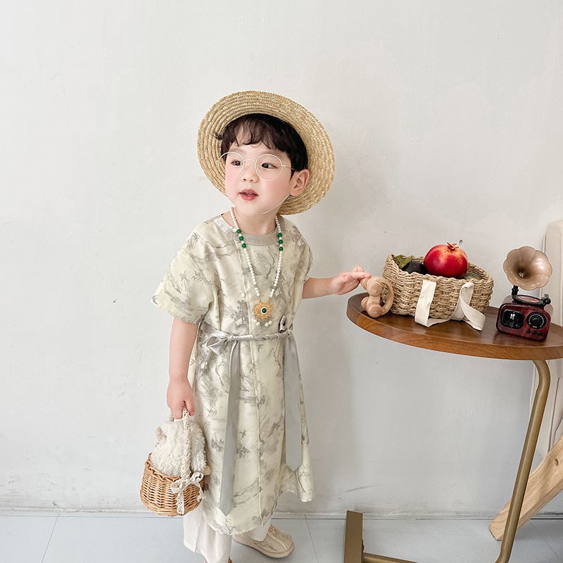 阿小轩水墨山水2025夏季新国风改良款水墨山水兄妹唐装生日装旗袍