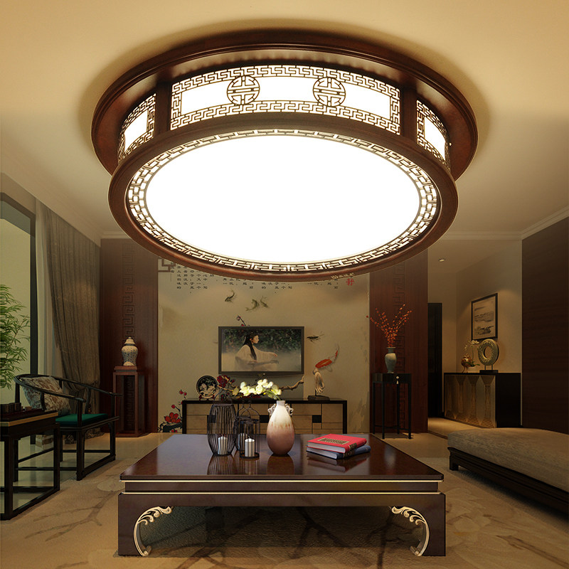 led圆形中式吸顶灯简约实木客厅灯具仿古卧室灯新古典书房餐厅灯