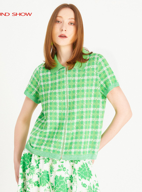 阁兰秀2025夏季绿色提花针织开衫翻领格子拉链设计感短袖polo上衣