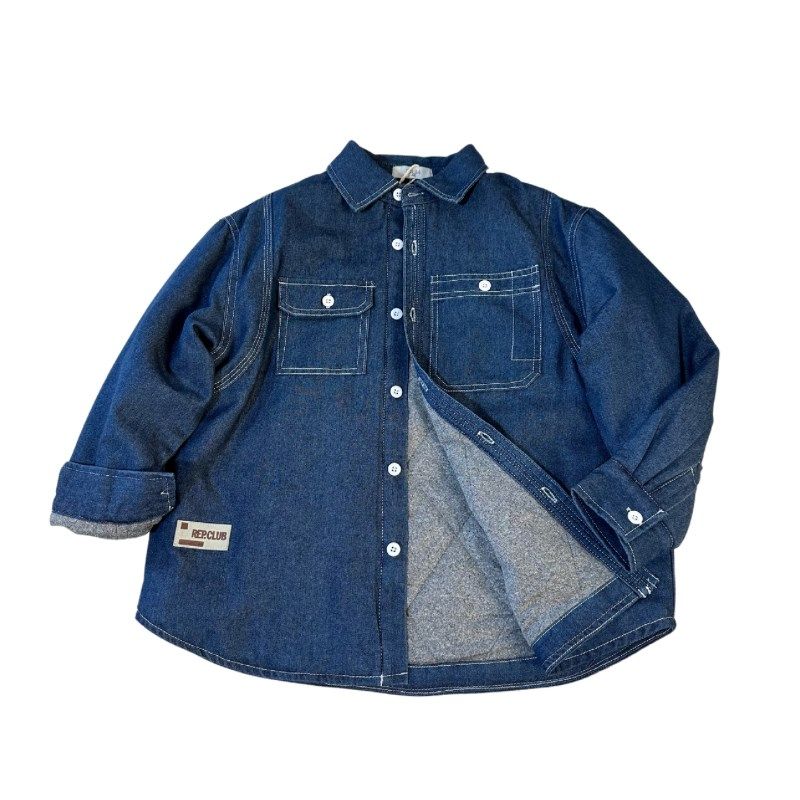 男童夹棉衬衫儿童棉服外套秋冬加厚2024新款洋气男孩工装牛仔衬衣