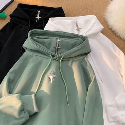 高领连帽加绒加厚卫衣男女款高级感冬季重磅假两件半拉链上衣外套