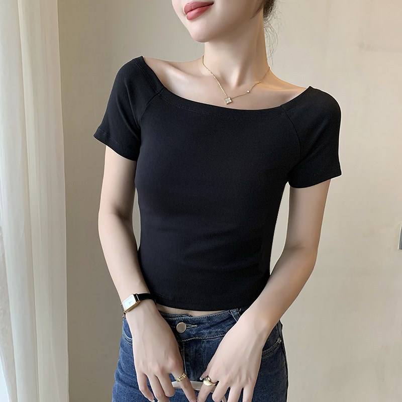 黑色纯棉一字肩短袖T恤女夏季内搭低领露锁骨大领口打底短款上衣
