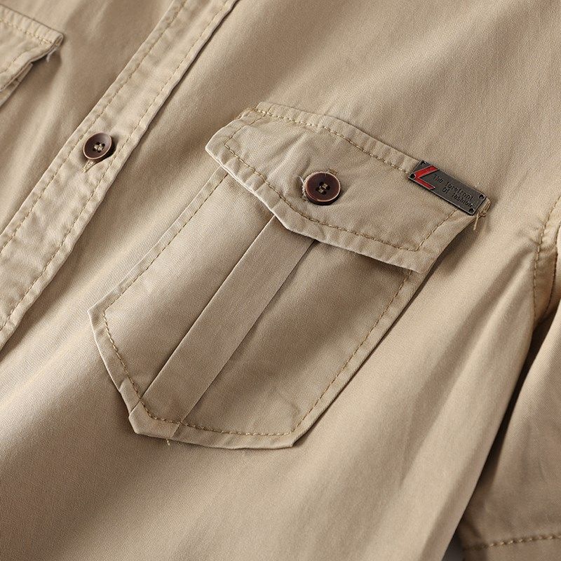 水洗全棉纱卡!硬汉军旅风!夏季多口袋工装肩章款翻领短袖衬衫男