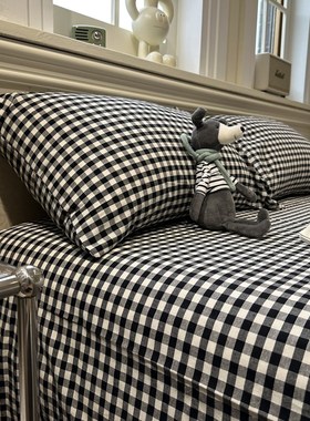 日式简约黑格子纯棉床笠床单单件床垫保护套全棉宿舍床罩学生1.35
