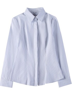 蓝色条纹衬衫女长袖修身职业装紫色条纹衬衣纯棉防走光OL工作服