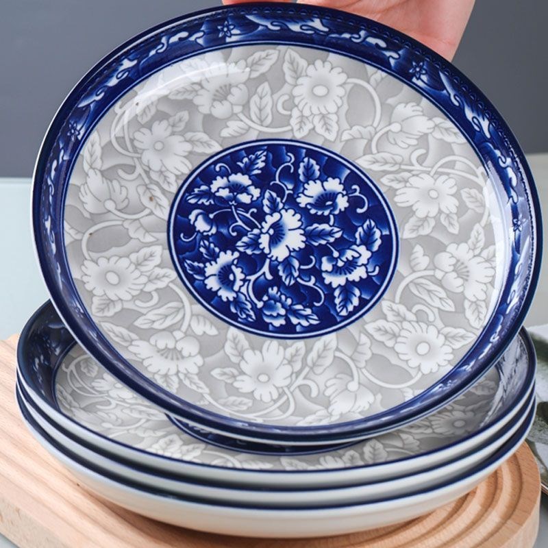 中式青花瓷家用炒菜盘子菜盘陶瓷水果盘商用大号圆盘碟微波炉适用