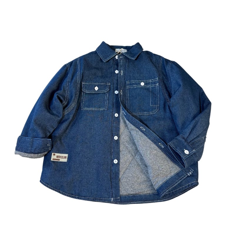 男童夹棉衬衫儿童棉服外套秋冬加厚2024新款洋气男孩工装牛仔衬衣