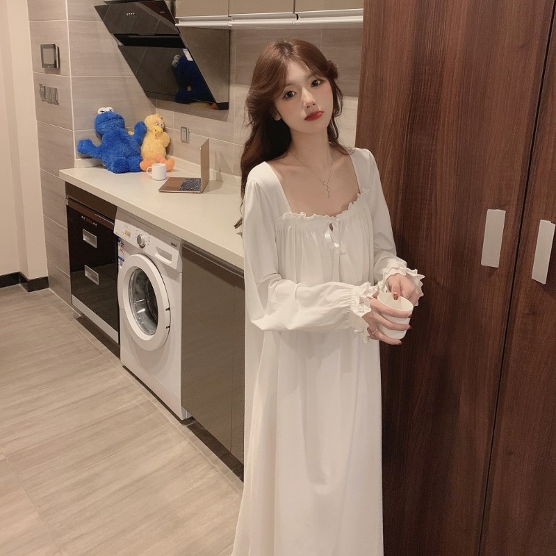 宫廷风长袖纯棉睡衣女2021新款性感蕾丝仙女宽松睡裙家居服春秋款