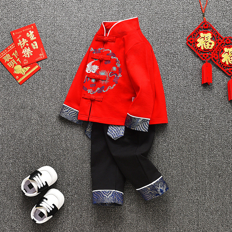 男宝宝一周岁宴婴儿男童冠衣服中式唐装男孩礼服套装秋冬天过年服