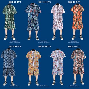 旅游套装2024男女短袖衬衫海边沙滩度假休闲大码短裤五分裤情侣装