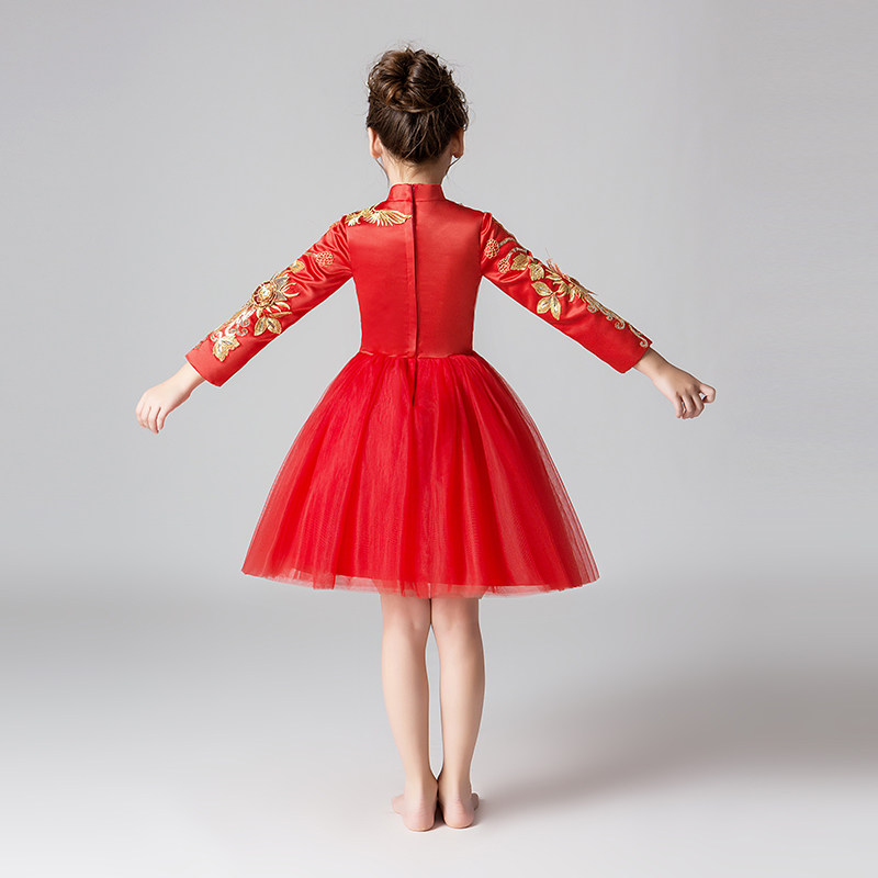 女童中式礼服公主裙红色加厚中国风儿童花童小主持人演出服秋冬季