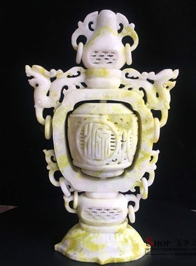 天然岫玉仿古兽镂空花瓶摆件手工雕刻家居客厅酒柜工艺品礼品摆设