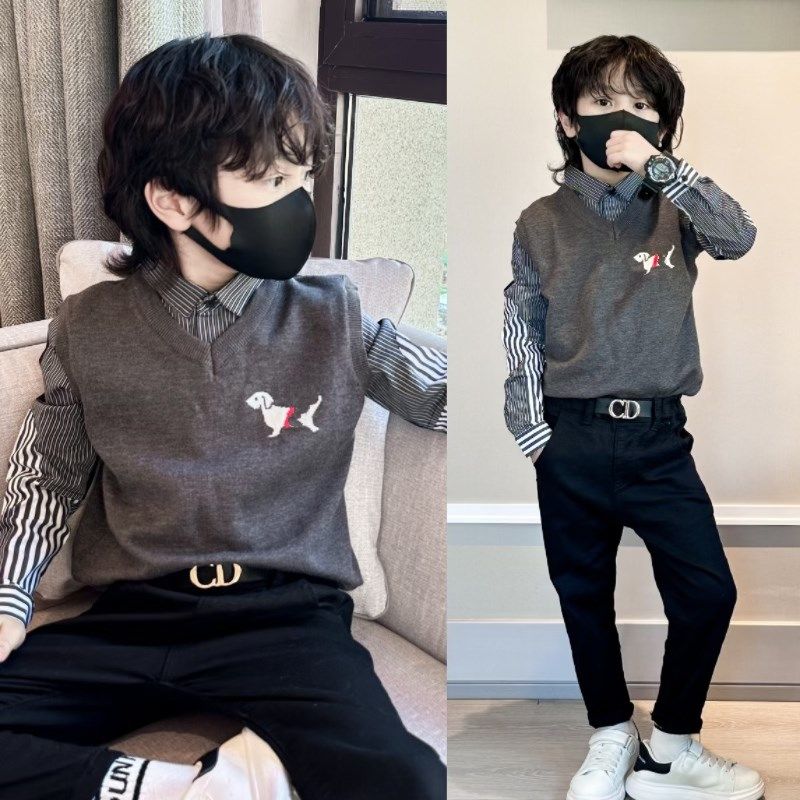 男童毛衣加绒衬衫假两件秋冬2024新款中大童背心儿童男孩针织马甲