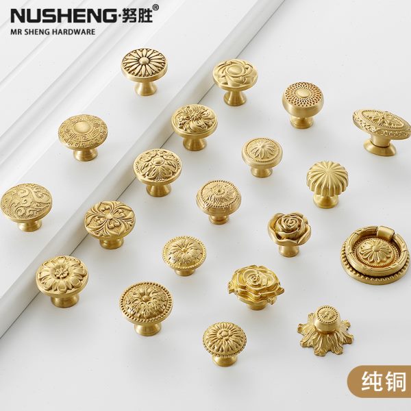 法式纯铜衣柜拉手抽屉单孔实心黄铜中古风欧式轻奢橱柜门全铜把手