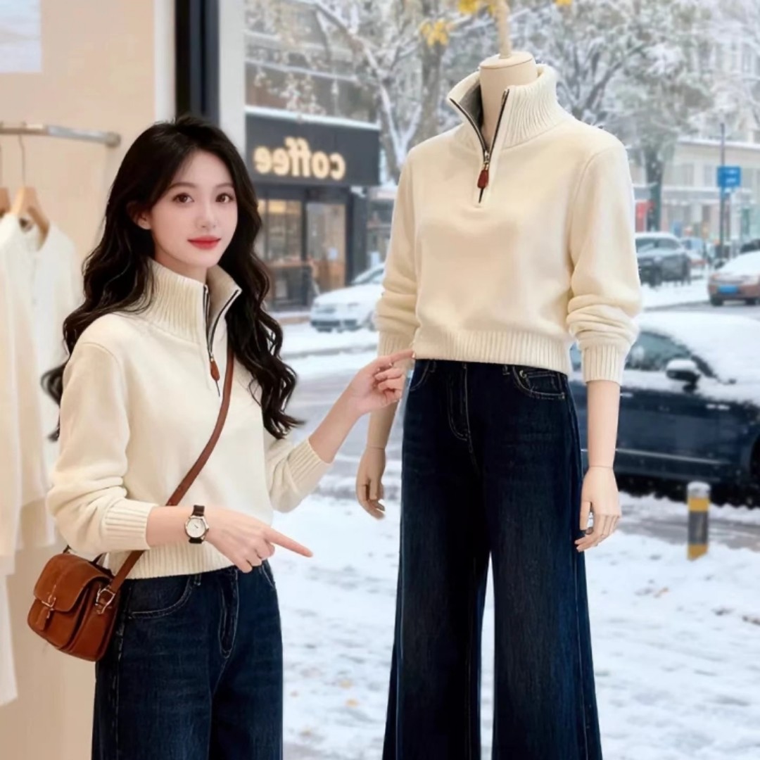 白色半拉链立领针织毛衣长袖T恤女2025新款巨好看的冬装内搭上衣