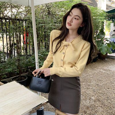 韩系气质蝴蝶结针织衫毛衣女早秋小个子穿搭甜美减龄短款开衫