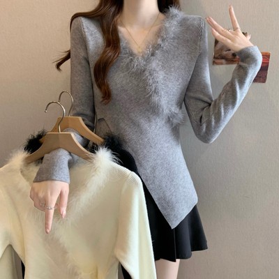 实拍~ 大码胖MM秋冬新款法式交叉毛领V领长袖收腰正肩上衣针织衫
