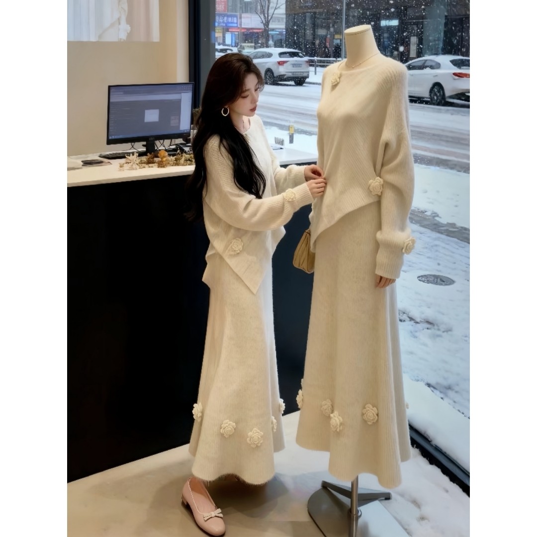 深冬装穿搭一整套2025超火巨好看独特漂亮设计感针织毛衣裙子套装