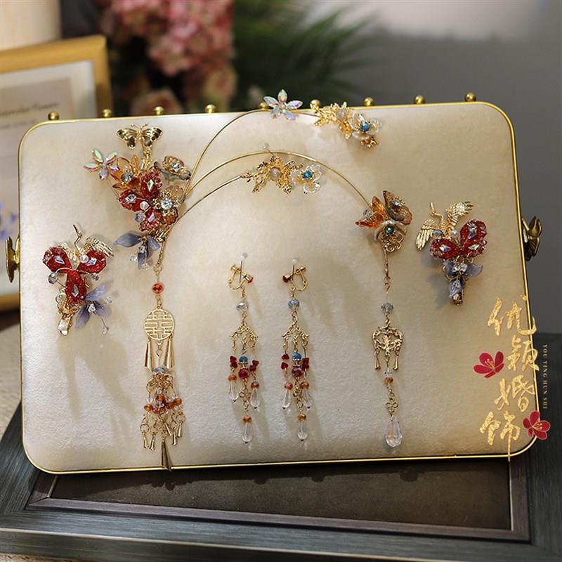 优颖新娘新款中式红色复古半冠头饰古装秀禾服手工凤冠婚礼配饰品