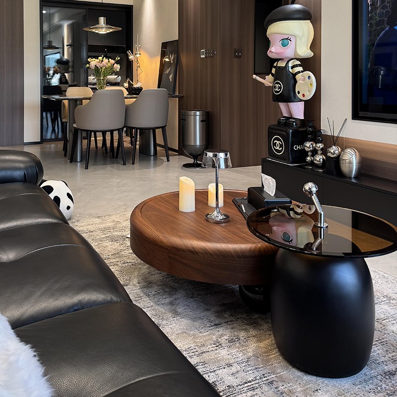 意式极简圆形组合客厅家用中古轻奢高级感2025新款茶几实木现代