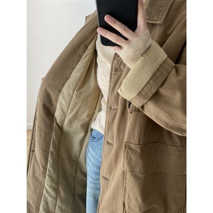 夹棉工装外套女冬季宽松复古百搭中长款大衣加绒加厚棉服风衣外套