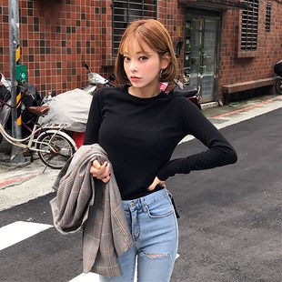 春秋韩版 棉T恤女长袖 黑色打底衫 修身 上衣 显瘦内搭紧身小圆领女装
