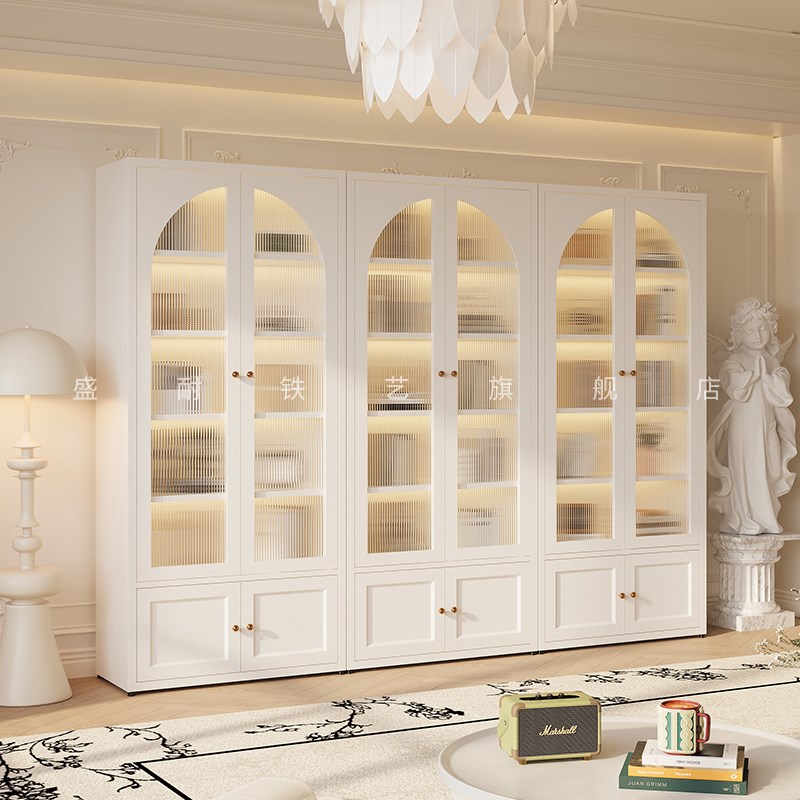 法式奶油风去客厅化满墙书柜一体整墙书房书架展示柜铁艺无甲醛柜