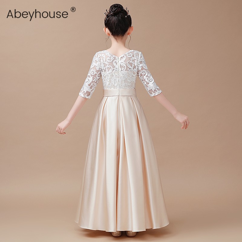 女童香槟色公主裙高端长款钢琴演出服儿童乐团合唱礼服小提琴演奏