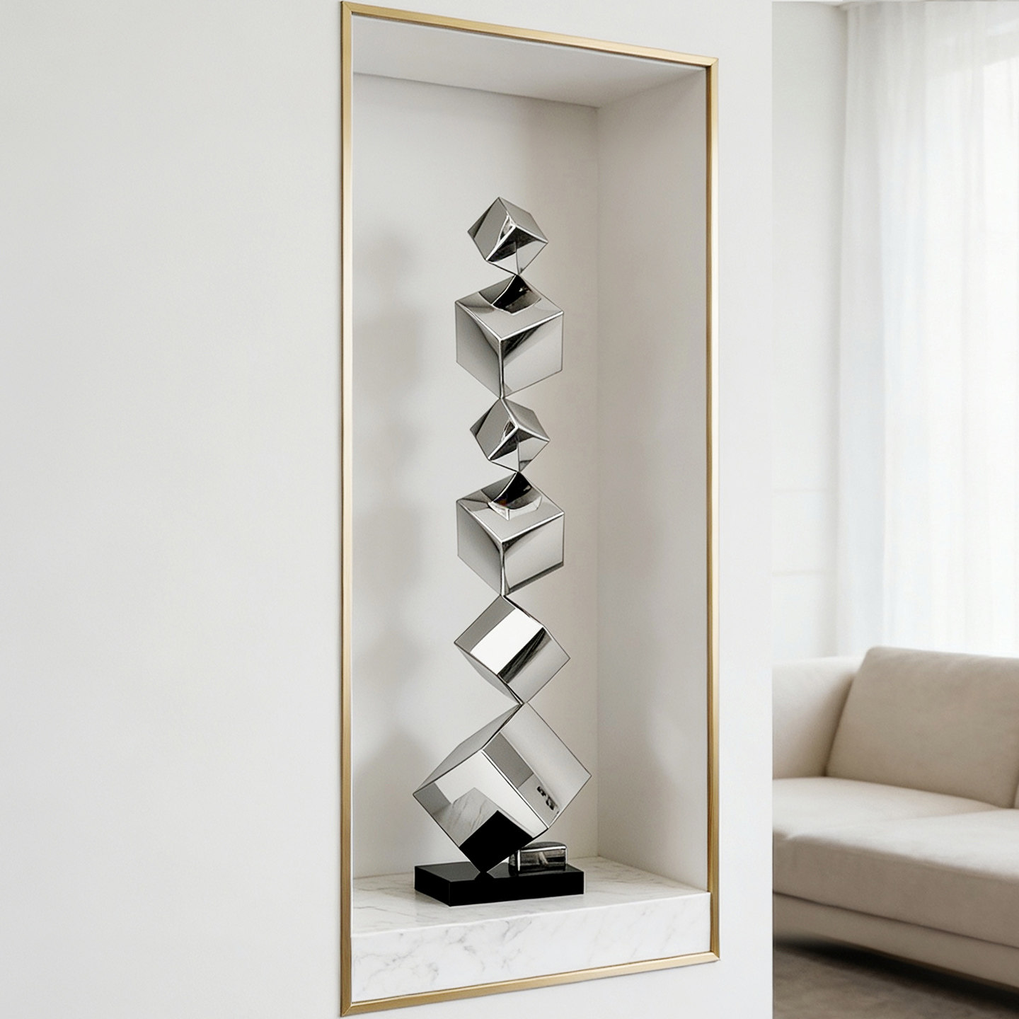 现代轻奢客厅电视柜壁柜几何不锈钢雕塑酒店玄关壁龛落地装饰摆件