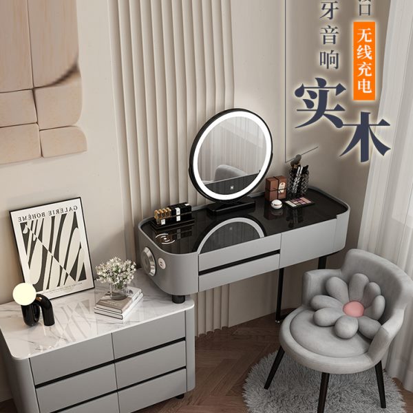智能梳妆台斗柜一体奶油风实木卧室轻奢现代简约公主化妆桌收纳柜