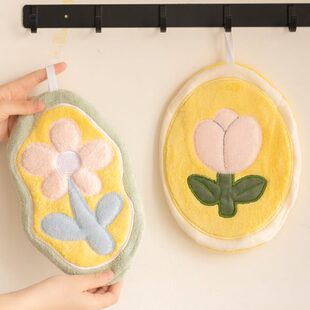 珊瑚绒柔软女家用可爱儿童吸水擦手毛巾 小花郁金香擦手巾挂式