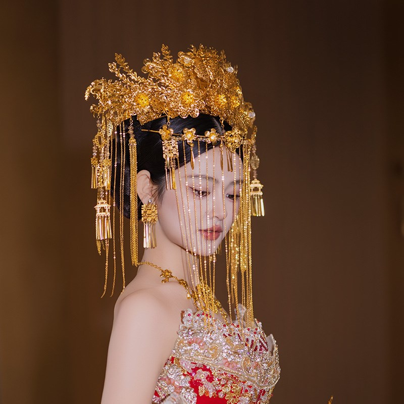 梦瑶新娘金色高级面帘花朵喜字大凤冠中式婚礼秀禾龙凤褂头饰发饰