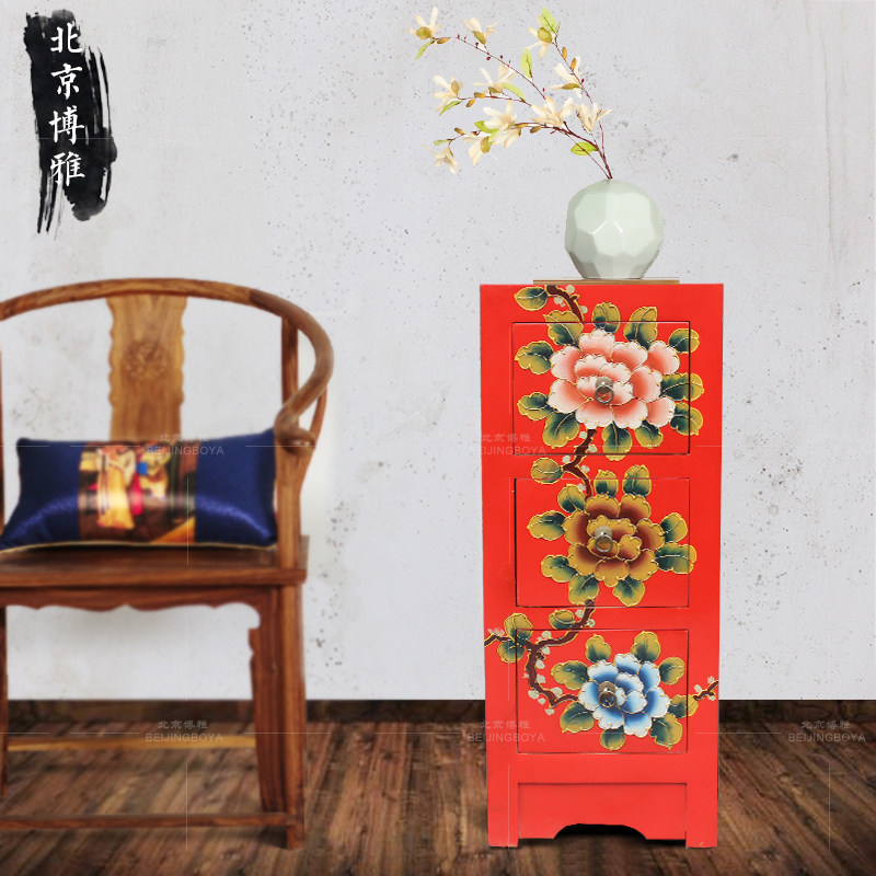 手工彩绘复古牡丹图斗柜柜餐边床头柜架地柜实木家具