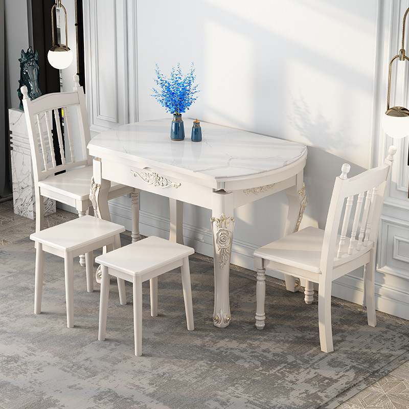 奶油风岩板餐桌椅方圆两用伸缩实木饭桌子小户型