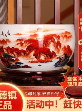 景德镇龙腾柴窑鸿运当头聚宝盆摆件送木质旋转底座和富贵结乾道嘉
