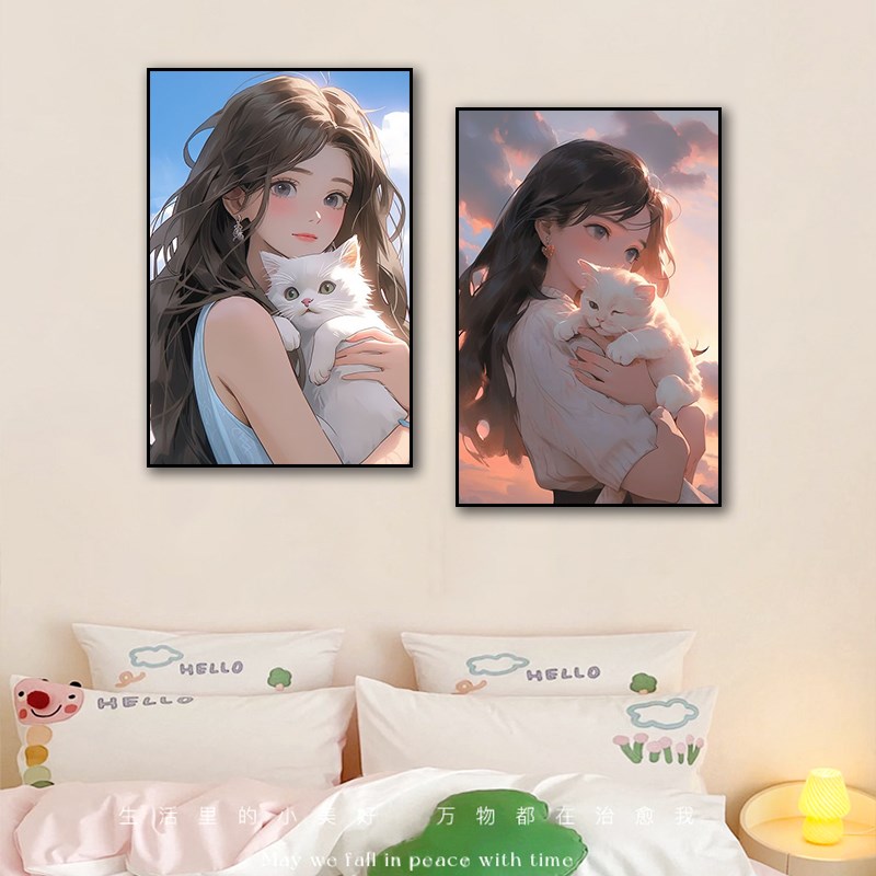 现代简约可爱人物猫咪女孩装饰画卡通少女小猫儿童房卧室床头挂画图片