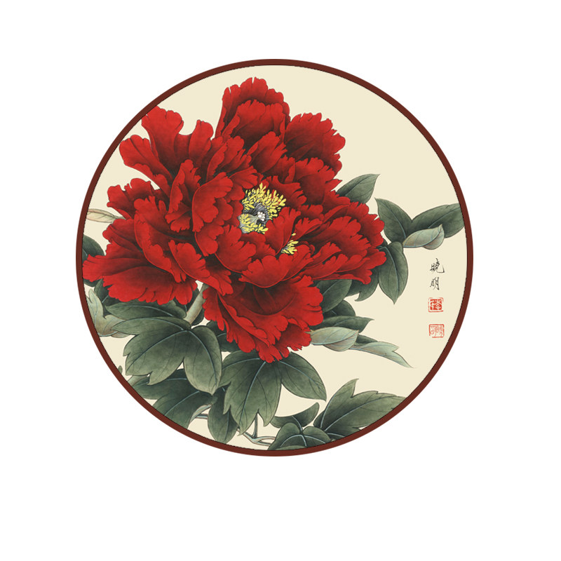 牡丹挂画圆形牡丹装饰画现代客厅壁画富贵玄关画