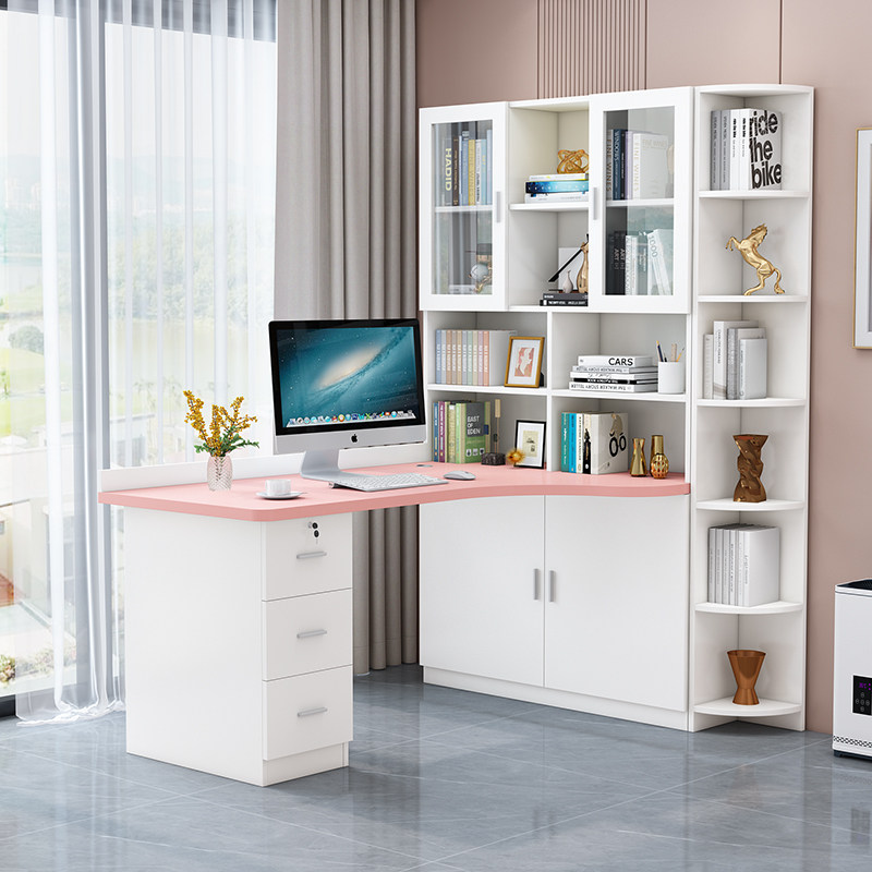 实木转角书桌书架台式电脑桌卧室学生学习桌书柜一体