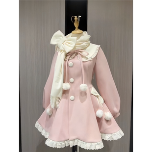 甜美秋冬蝴蝶结毛呢连衣裙围巾外套小个子少女可爱2025公主风套装