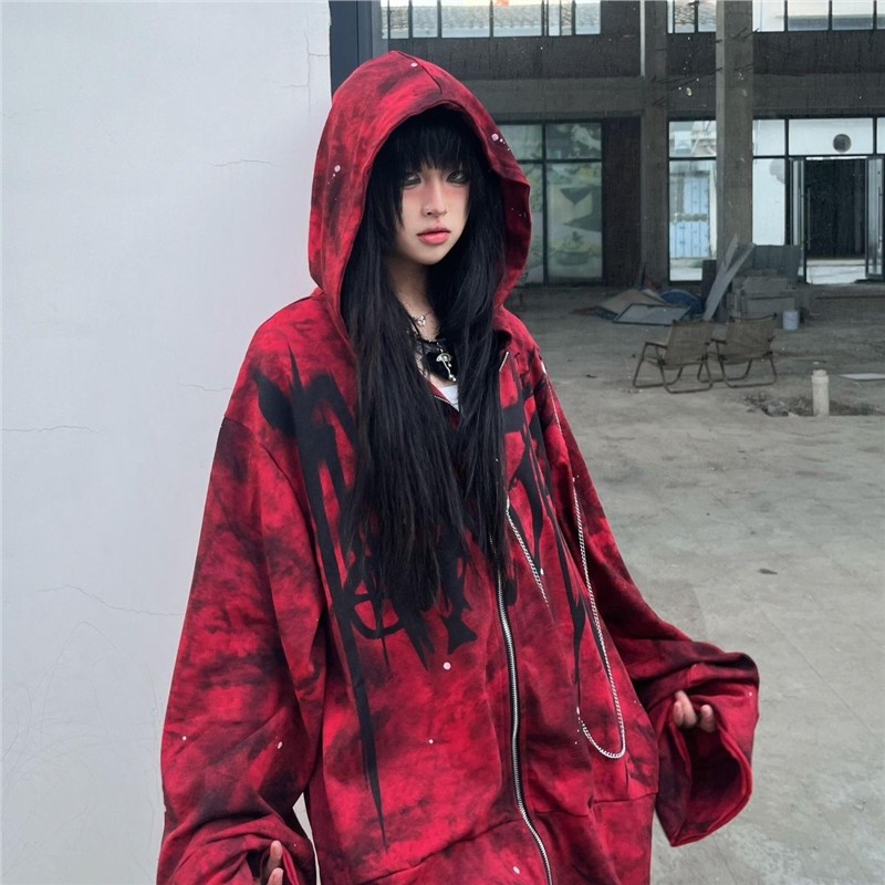 春秋亚文化朋克摇滚暗黑卫衣外套黑红连帽拉链帽衫重金属哥特开衫