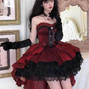 哥特风玫瑰红Lolita长裙晚礼服玫瑰花边纯欲女裙公主裙