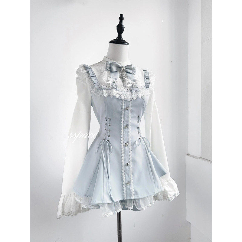 蓝色哥特量产蕾丝喇叭袖口水巾短裤套装洛丽塔lolita裙蕾服显瘦