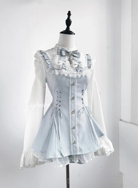 蓝色哥特量产蕾丝喇叭袖口水巾短裤套装洛丽塔lolita裙蕾服显瘦
