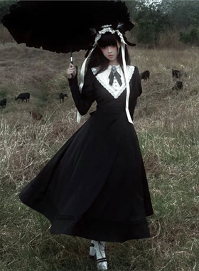 【威廉小姐】暗黑cla系哥特修女黑色Lolita长款收腰连衣裙送胸针