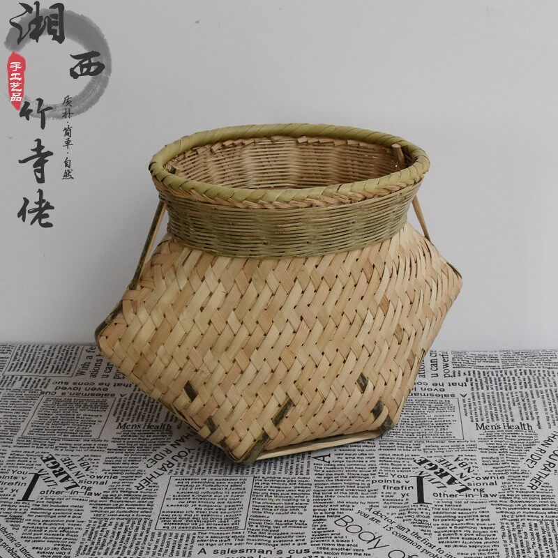 竹编黄篾鱼篓竹篓子茶叶采摘篓竹筐竹篮背篓饰道具灯罩