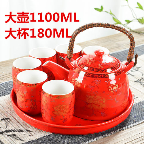 热卖提梁大茶壶牡丹红色釉结婚新婚礼品整婚庆茶具