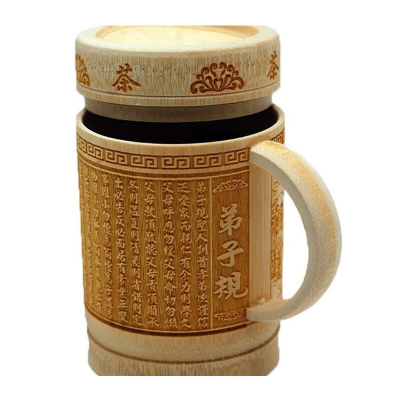 竹制带盖色竹杯带把喝水茶杯阳雕雕刻带杯工艺礼品杯子