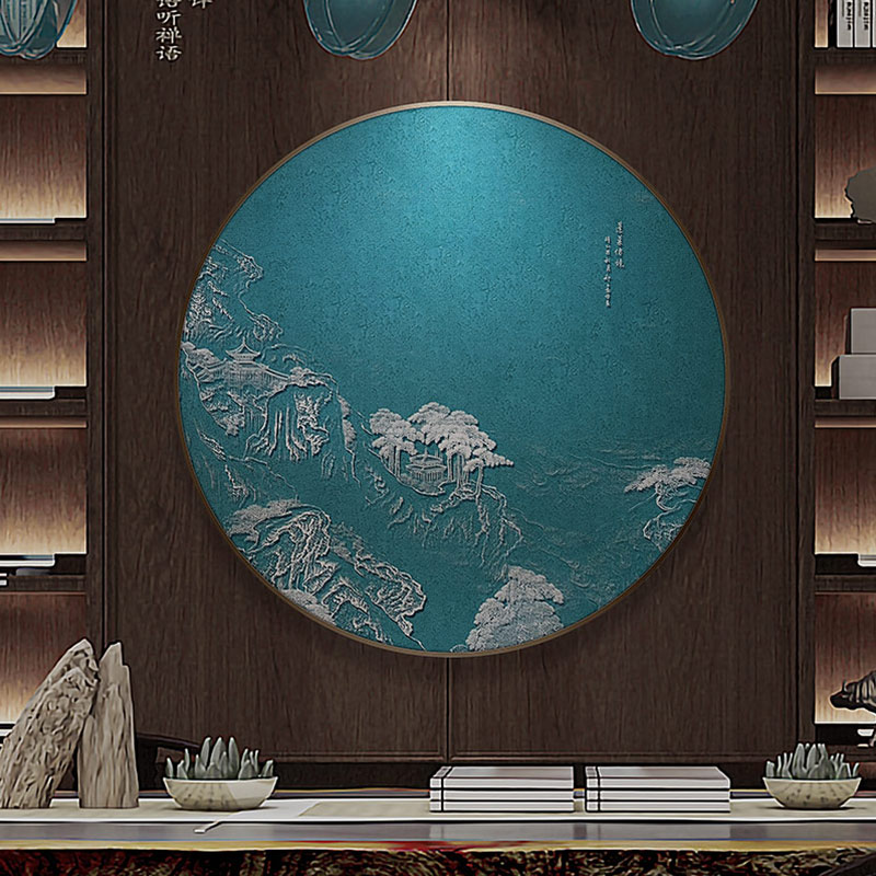 精品国潮浮雕银箔画中肌理山水挂画新玄圆形灯光饰画